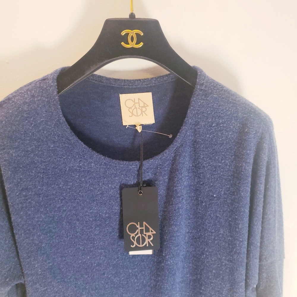 NEW CHASER Blue Sweater Top Tee SMALL Boat Neck Long sleeve Drawstring Stretch - Picture 11 of 13